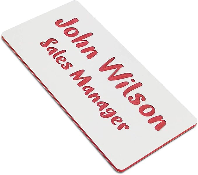 Custom Engraved Name Tag Badges for Business, Personalized Identification with Pin, Magnetic, Adhesive, or Blank Backing, 1.5"x3", White/Red Text