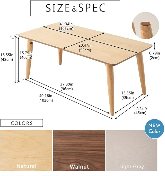 EMOOR Wood Folding Coffee Table Rectangle Large (20.5"x41.3") Light Gray, Floor Sitting Low Table Small Space Minimalist Japanese Tatami Room