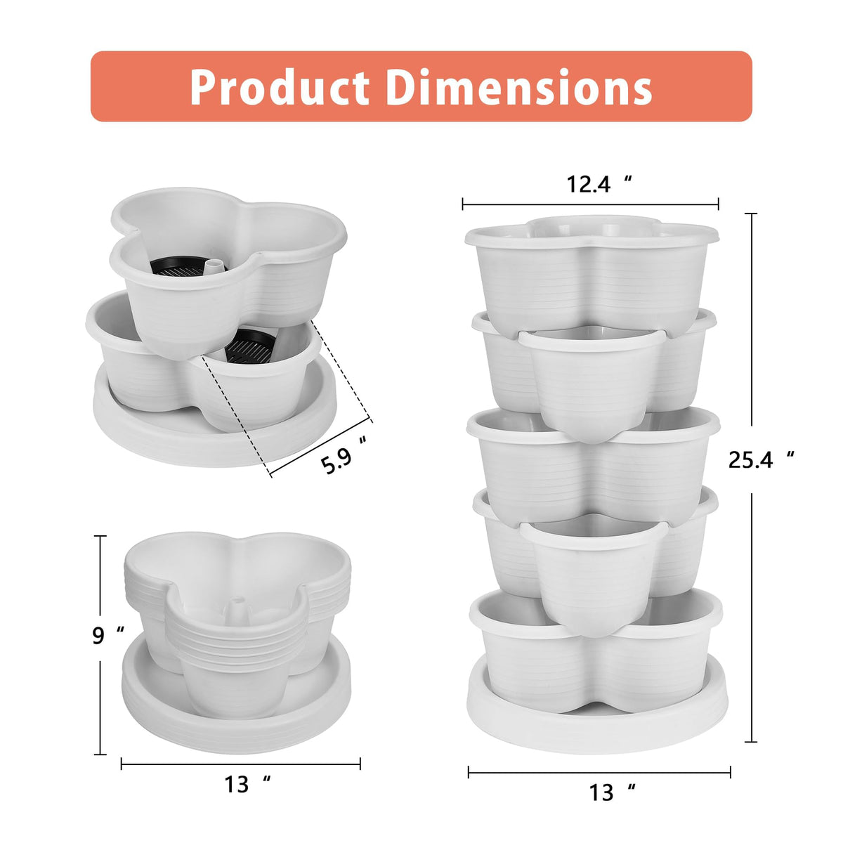 VECELO 5 Tier Vertical Garden Planter, Self Watering Stackable Planters with Wheels for Strawberries, Herbs, Flowers, Vegetables, White