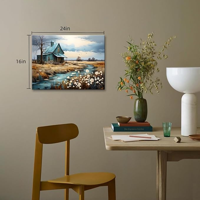 CYULWNNO Farmhouse Wall Art Barn Farm Landscape Painting Pictures Decor Blue Farm Nature Wildflower Rustic Scenery Canvas Prints Artwork Frame Living Room Bedroom Bathroom Wall Decor 16"x24"
