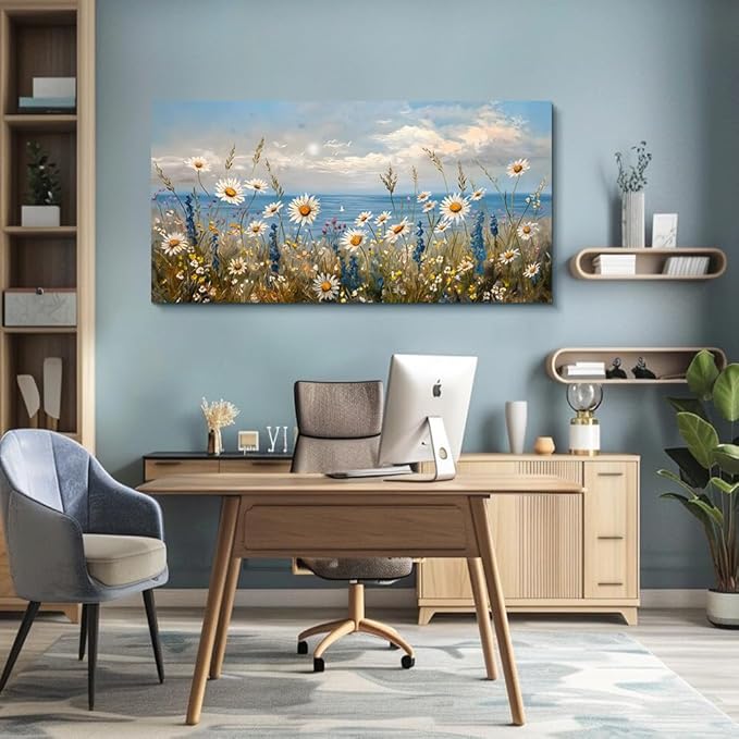 Wapluam Large Canvas Wall Art for Living Room Blue Ocean Wall Decor For Bedroom Bathroom Decoration Natural Seascape Painting Modern Office Wildflowers Artwork Pictures Home Decor Ready To Hang