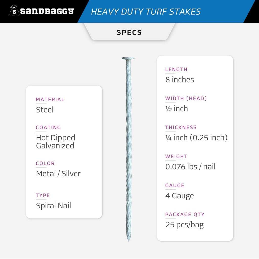 Sandbaggy 8" Heavy Duty Galvanized Artificial Turf Stakes - Spiral Landscape Nails - Ground Spikes/Pins - Synthetic Grass, Lawn, Edging, Weed Barrier Fabric, Garden (8 inch - Heavy Duty, 1200, Count)