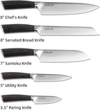 DELUXE 6 Pcs Kitchen Knife Sets, Powder Steel Forged Stainless Steel Knife Set with Block, Comes with Chef's, Santoku, Bread, Utility and Paring Knives, Ideal for All-Around Food Preparation