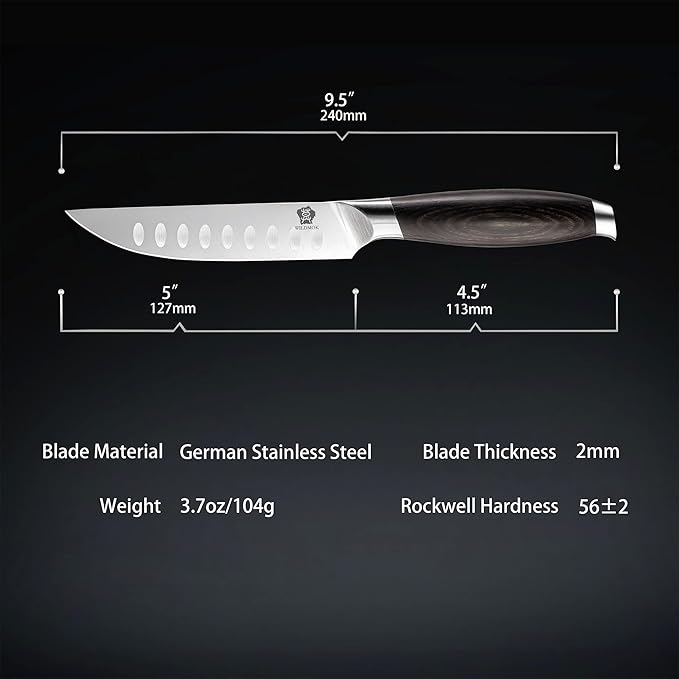WILDMOK 5 Inch Steak Knives Set of 4, Ultra Sharp Steak Knives Kitchen Knives Set, German Stainless Steel Steak Knife Set Black Pakkawood Handle with Gift Box