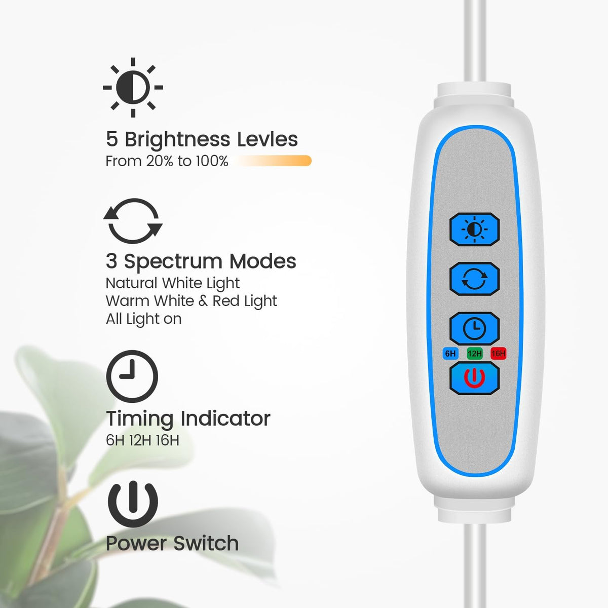 Garpsen Grow Light, Full Spectrum LED Plant Lights with Stand, 3 Color Modes Floor Grow Lamp with Timer 6/12/16H, 5 Dimmable Levels, 67'' Adjustable Height for Indoor Large Plants(White)