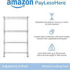 PayLessHere 4-Tier Adjustable Shelf Shelving Unit Shelves Shelf Heavy Duty Storage Steel Organizer Wire Rack (350 lbs Loading Capacity per Shelving) with Wheels Multi-Function Easy Assembly,Chrome