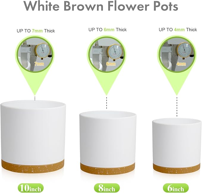 10/8/6 inch Deep Plant Pots, 3 Pack Cylindrical Large Flower Pots for Outdoor Indoor Plants, Tall Plastic Planters with Drainage Holes and Saucers for Garden House Plants, White with Brown