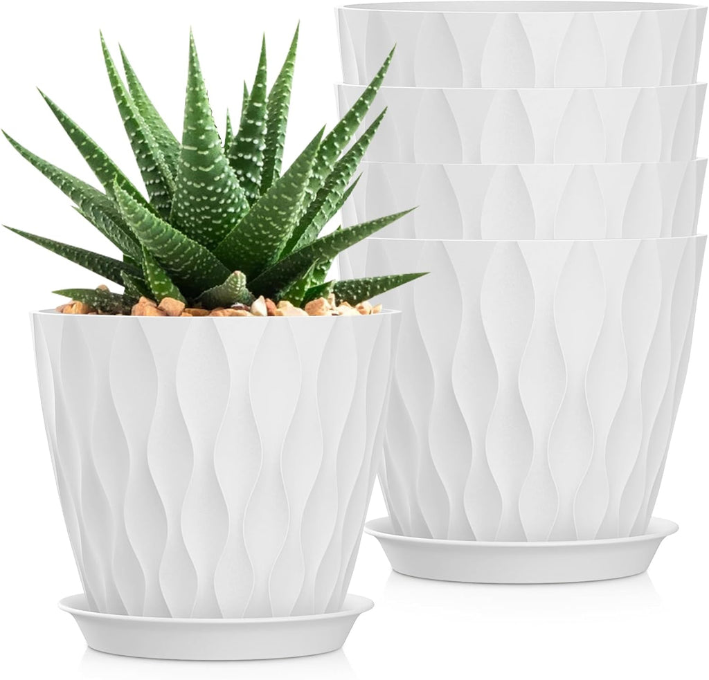 7 Inch Plant Pots 5 Pack, Flower Planters with Drainage Holes and Trays,Plastic Pots for Indoor Outdoor Plants,White