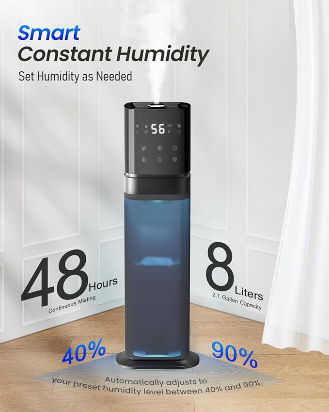 Smart Humidifier Large Room, 2.1Gal/8L Humidifiers for Bedroom with Extended Tube&Night Light, Whole House Cool Mist Humidifiers, WIFI App&Voice Control, School/Office/Warehouse, Dark Blue