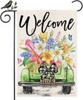 GEEORY Butterfly & Daffodil Hyacinths Floral Truck Welcome Garden Flag 12x18 Inch, Double Sided Spring Summer Decor, Farmhouse Rustic Outdoor Flag Outside Yard Lawn Decoration
