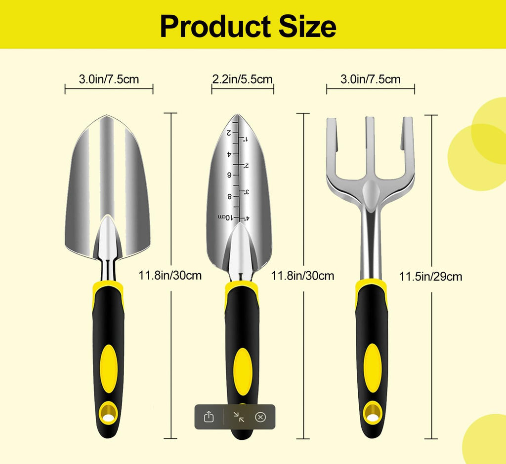 Garden Tool Set, 3 Piece Gardening Tools Includes Garden Trowel, Transplant Trowel and Hand Rake with Non-Slip Ergonomic Handle, Heavy Duty Garden Kit for Planting, Garden Gifts, Yellow