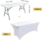 6-Pack 6ft White Spandex Table Covers for Rectangle Standard Folding Tables - Wrinkle Resistant Stretch Tablecloths - Ultimate Fitted Table Protector for Parties, Trade Shows, Wedding