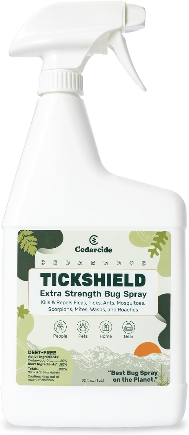 Cedarcide Extra- Strength Tickshield | Deep Woods Cedar Oil Tick & Mosquito Repellent Spray Kills & Repels Ticks, Fleas, Chiggers and Mosquitoes| For People & Pets | Natural Essential Oils | Quart