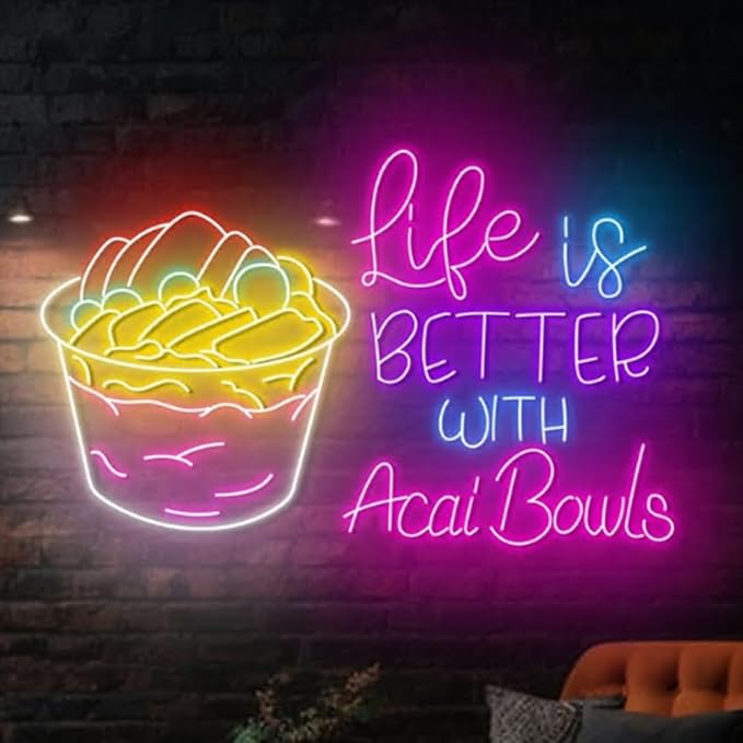 Life Is Better With Acai Bowls Neon Sign, Acai Bowl LED Light,Smoothies Neon Light, Smoothies Shop Decor, Acai Lover Gift Size:23inch