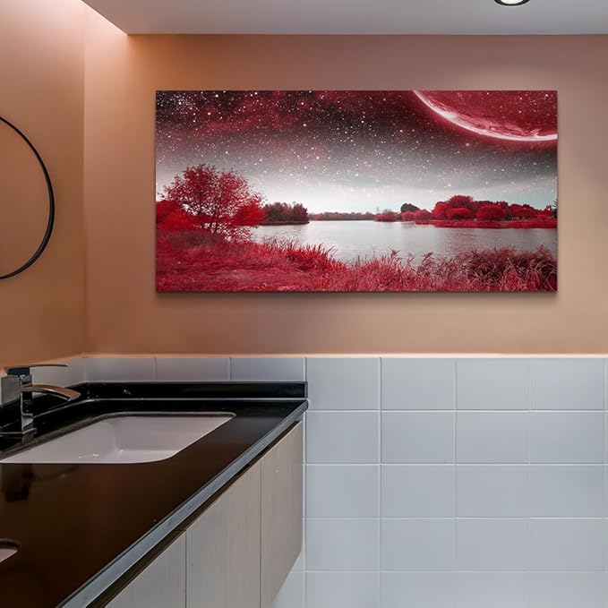 Print Artwork Wall Art Decor Poster For Living Room Red Tree Moon Starry Sky Red Landscape Painting Bathroom Wall Art For Bedroom Canvas Prints Picture Works Ready To Hang Office Home Decorations