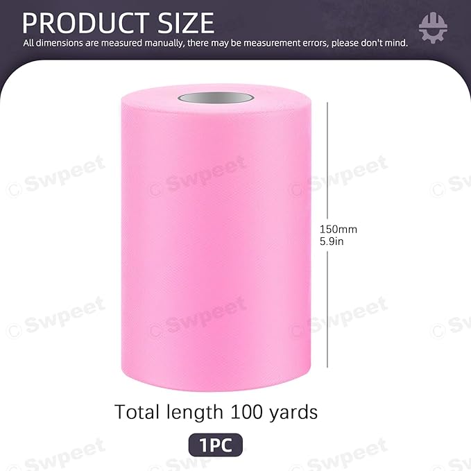 Swpeet 6 Inch by 100 Yards Pink Tulle Fabric Roll, Fabric Spool Tulle Ribbon, Netting Polyester Spool Ideal for DIY Handmade Birthday Party Wedding Decorations Christmas Craft Supplies