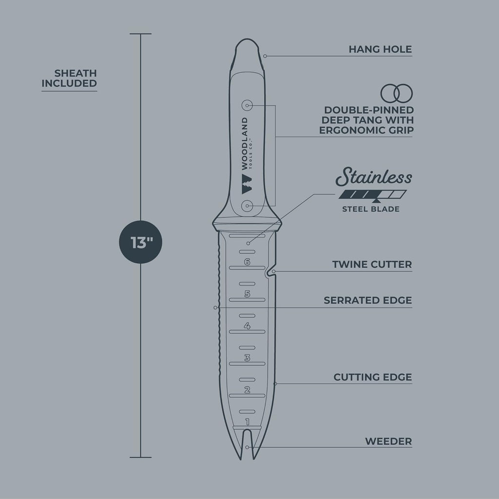 WOODLAND TOOLS Heavy Duty Hori Hori Garden Knife - Stainless Steel Soil Knife with Serrated Edge, Depth Markings, and Ergonomic Grip, Multi-Use Weeding and Digging Tool with Sheath for Gardening