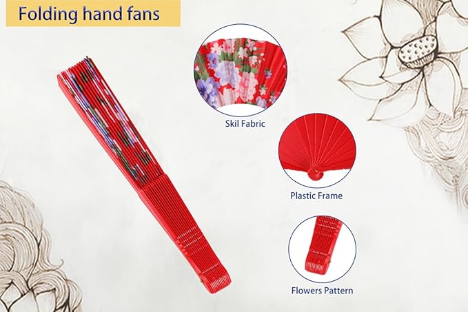 HUNANBANG 4 Pcs Oriental Flowers Japanese Folding Hand Fans Spanish Church Wedding Vintage Gift, Party Favors, DIY Decoration retro Gift Size 8 1/4" Wholesale (4pack)