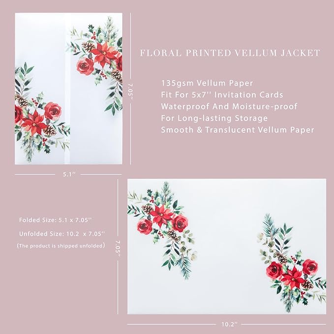 PONATIA 50 PCS 135gsm Vellum Jackets for 5x7 Wedding Invitation Cards- Christmas Red Floral Printed Vellum Sleeves, Invitation Cards Wraps, Christmas Cards Jackets