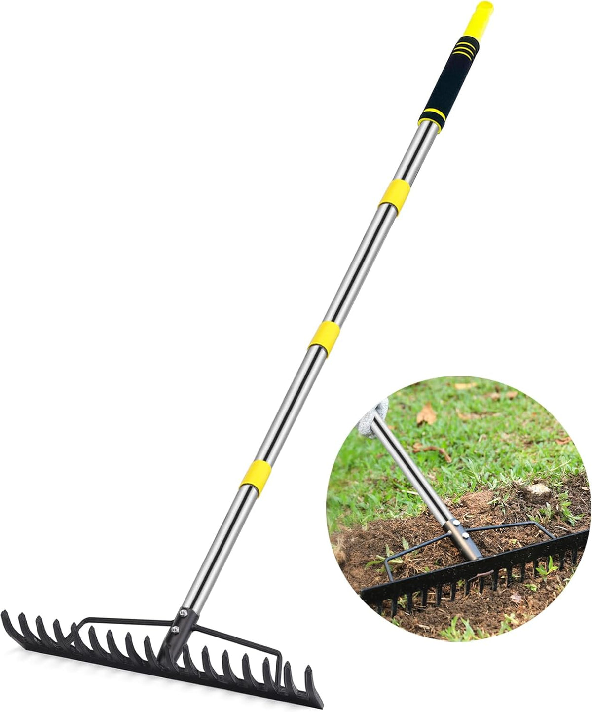 Heavy Duty Garden Rake for Leaves - 17 Tine Metal Head & Adjustable Stainless Steel Handle, 17" Wide 5.58FT Yard Rake for Shrub Leveling/Grass Care