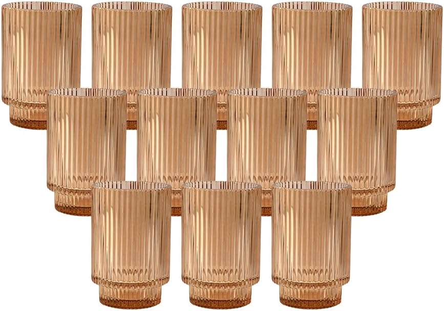 Serene Spaces Living Amber Ribbed Glass Votive Holder, Decorative Centerpiece for Wedding, Christmas, Thanksgiving, Living Room, Home Décor, Measures 3.25" Diameter and 5" Tall, Set of 24