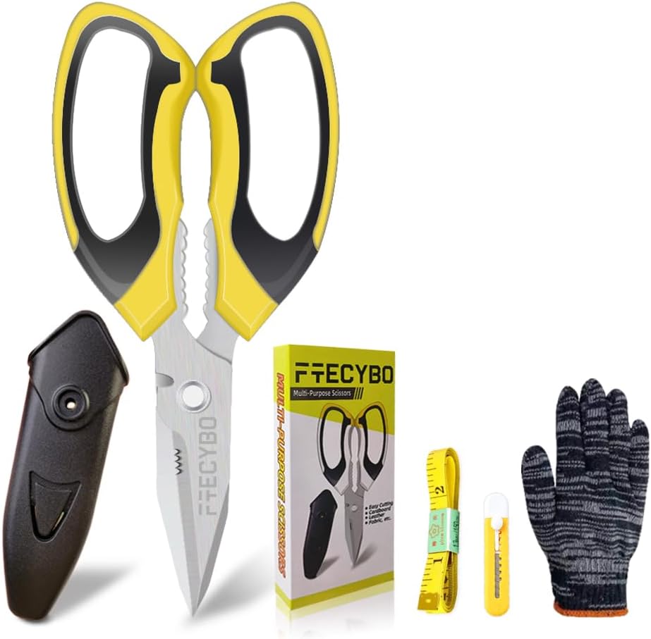 Heavy Duty 8'' Multipurpose Scissors with Protective Cover, Stainless Steel Serrated Blades, Easy Cutting Cardboard, Leather, Fabric, Wires, Nutcracker, Yellow