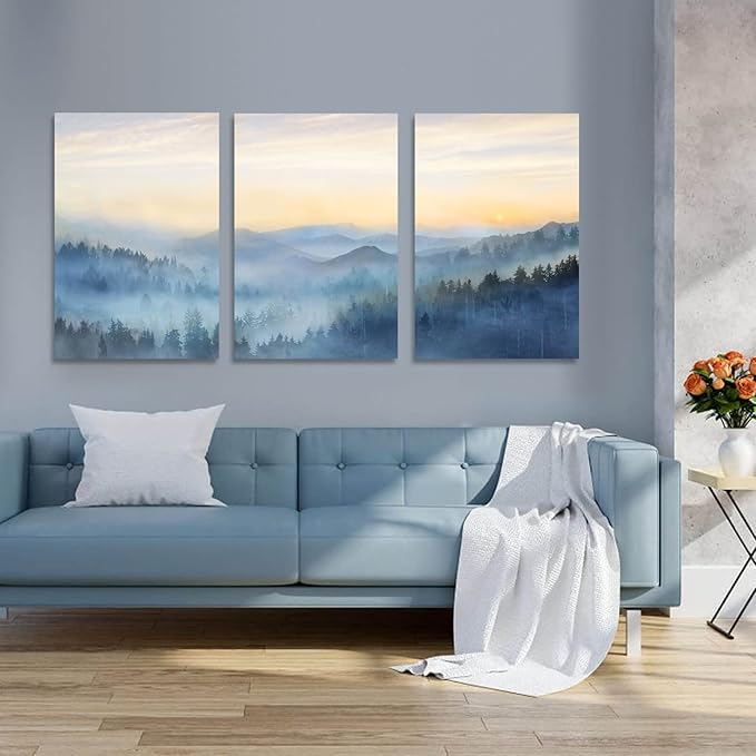 YJYart Foggy Forest Canvas Wall Art Landscape Mountain Wall Art for Living Room Sunrise Wall Decor Modern Artwork Canvas Prints Pictures for Wall Home Office Size 24"x 36"x 3pcs
