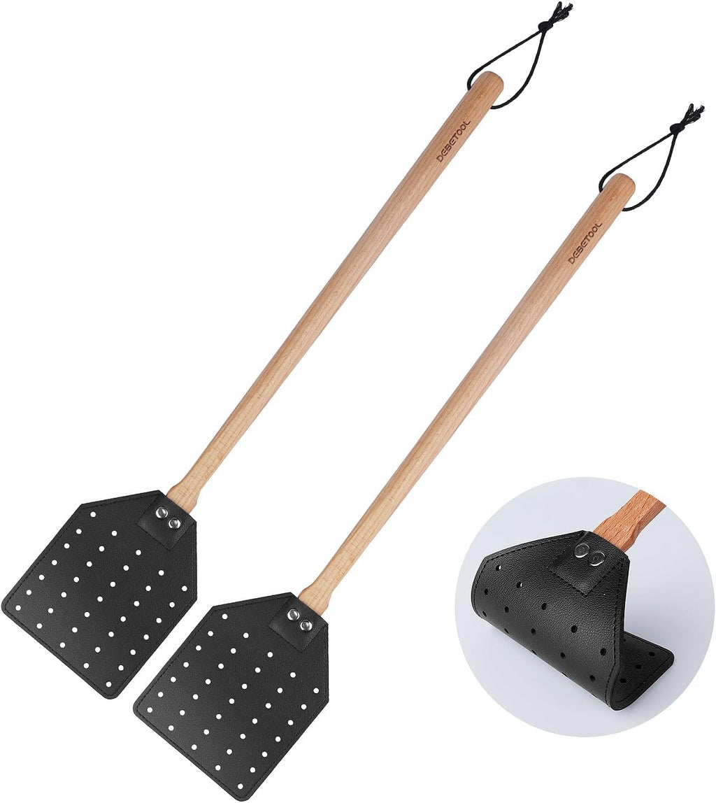 Indoor Leather Fly Swatter - 2 Pack Long Handle Heavy Duty Fly Swatter with Hanging Rope, Wood Fly Swatter Manual for Kitchen/Home Indoor and Outdoor Flies