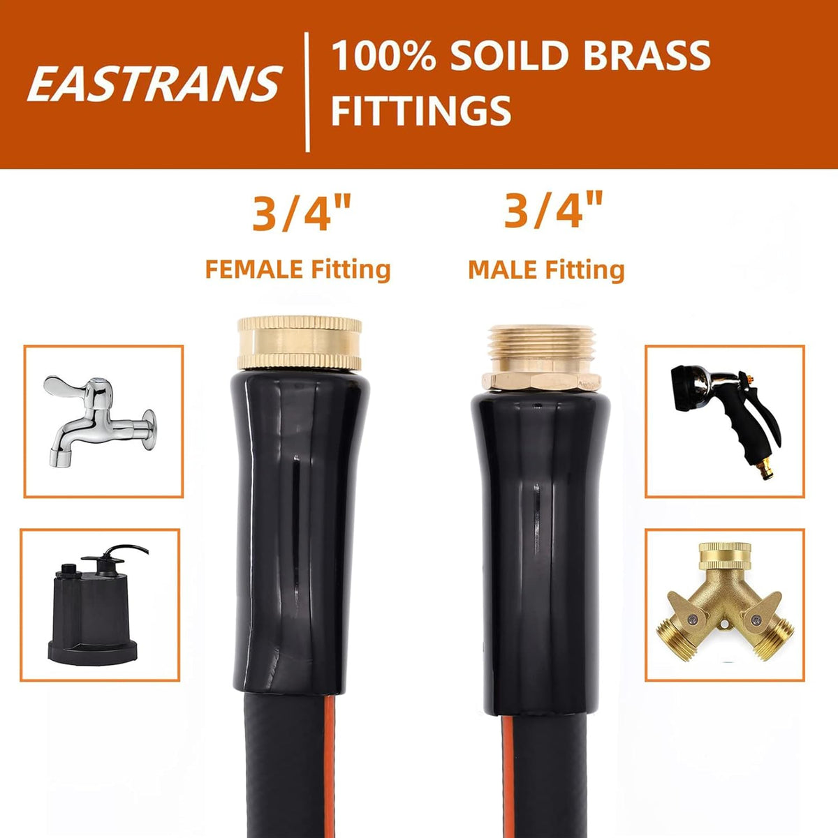 EASTRANS Short Garden Hose 3 ft x 5/8", Heavy Duty Black Orange Water Hose with 3/4" Solid Brass Connector, Flexible, Lightweight, Durable, Male to Female