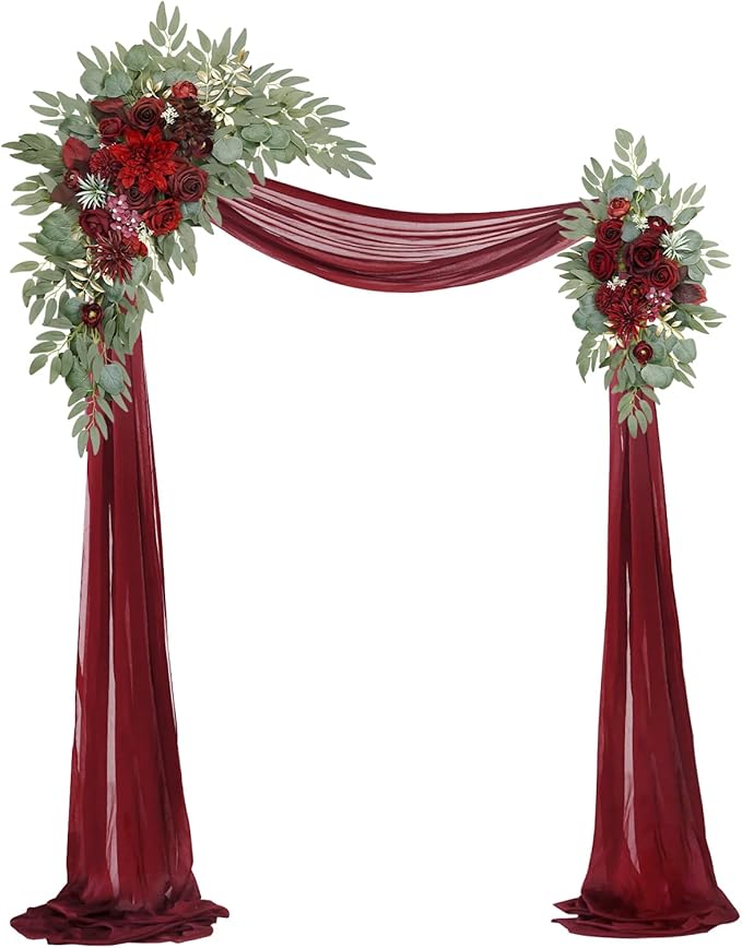 Artificial Wedding Arch Flowers Kit(Pack of 3),2Pcs Artificial Flower Arch Decor,1Pcs Sheer Drape for Wedding Ceremony Arbor for WeddingCeremony (Wine red Memory)