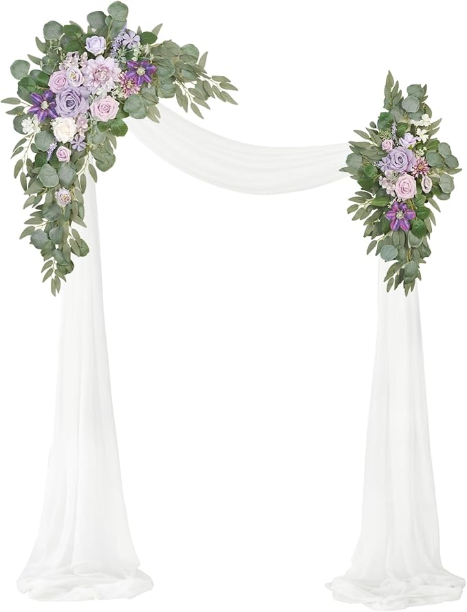 Artificial Wedding Arch Flowers Kit(Pack of 3),2Pcs Artificial Flower Arch Decor,1Pcs Sheer Drape for Wedding Ceremony Arbor for WeddingCeremony (Provence Purple)