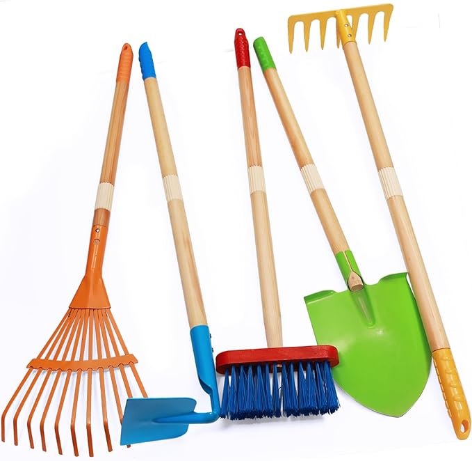 Kids Shovel, Rake for Leaves, Spade, Hoe and Broom, 5Pcs Kids Garden Tools, Gardening Yard Outdoor Toy Gifts for Boys Girls Age 3 4 5 6 7 8 Years Old