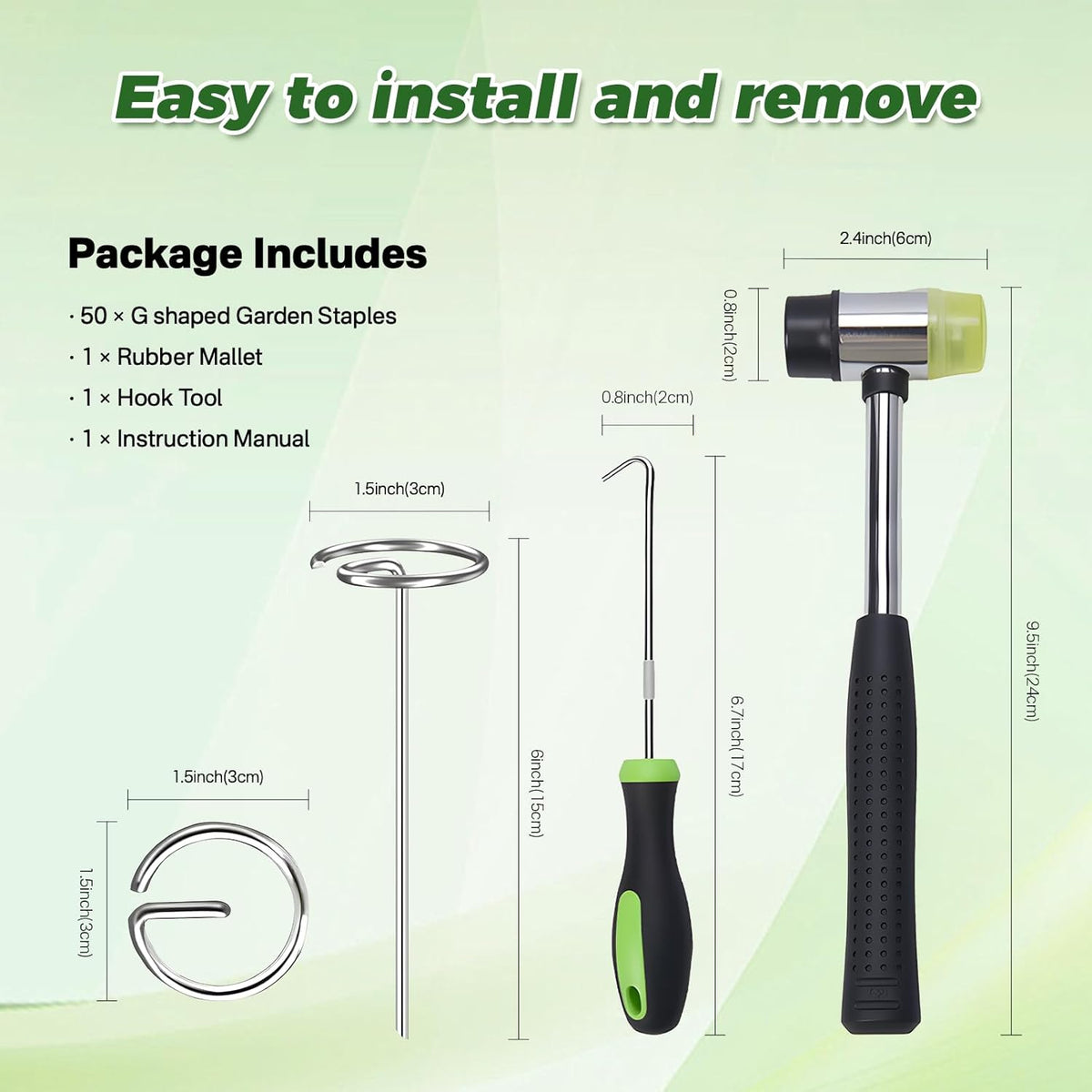 100pcs Landscape Fabric Pins, Heavy Duty Galvanized Landscape Staples Weed Barrier Stakes Lawn Staples with Staples Remover Mallet Yard Stakes Staples for Lawn Edging Ground Cover Outdoor Gardening
