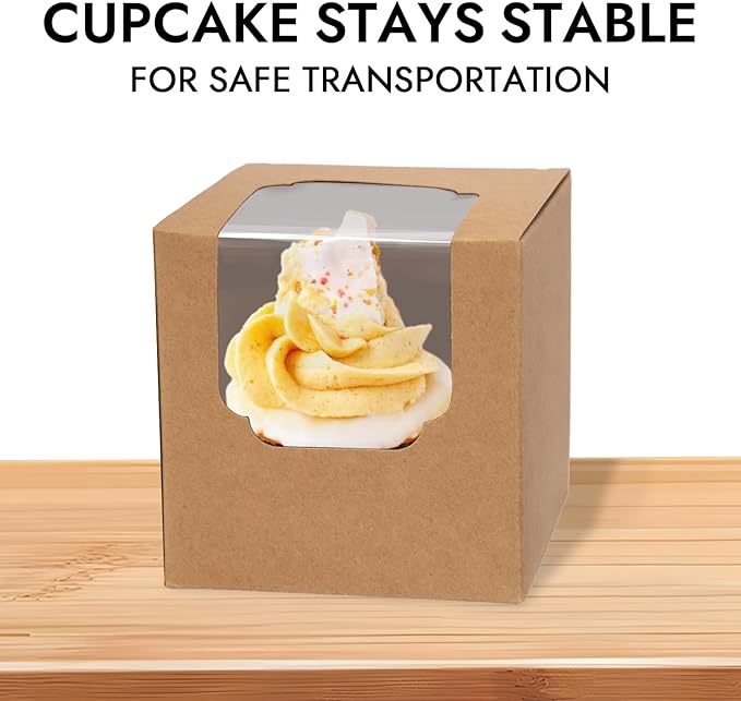JCD 120pcs Cupcake Boxes, 3.5inches Individual Pre-Assembled Kraft Brown Cupcake Boxes with Window Single Cupcake Containers for Mother's Day, Birthdays, Baby Shower (Brown/120Pcs)