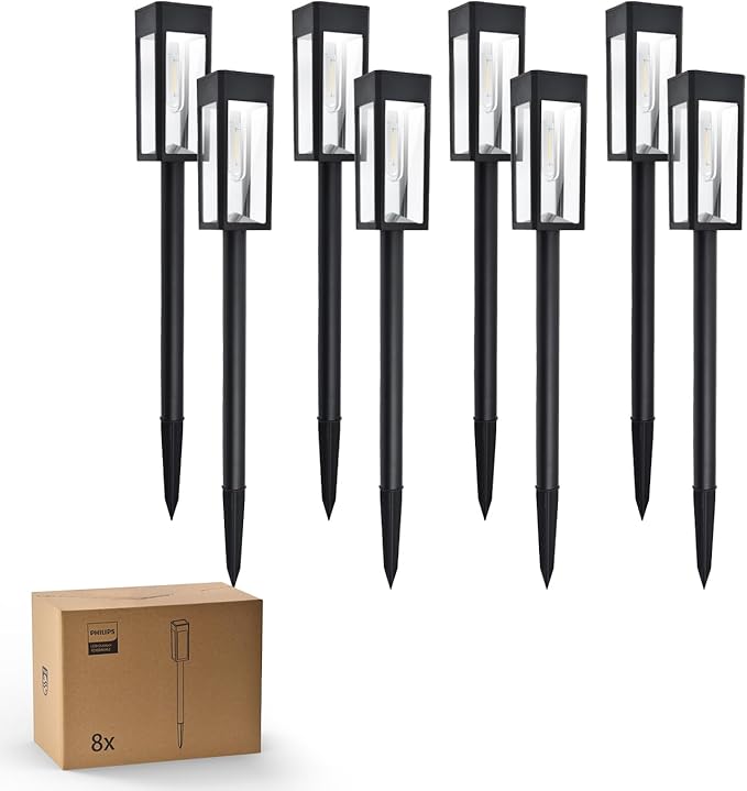 Philips 8 Packs Solar Pathway Lights Outdoor, Glass Metal Led Garden Landscape Lightings, 3000K Warm White, Waterproof for Decor Yard, Walkway, Patio, Driveway, Lawn