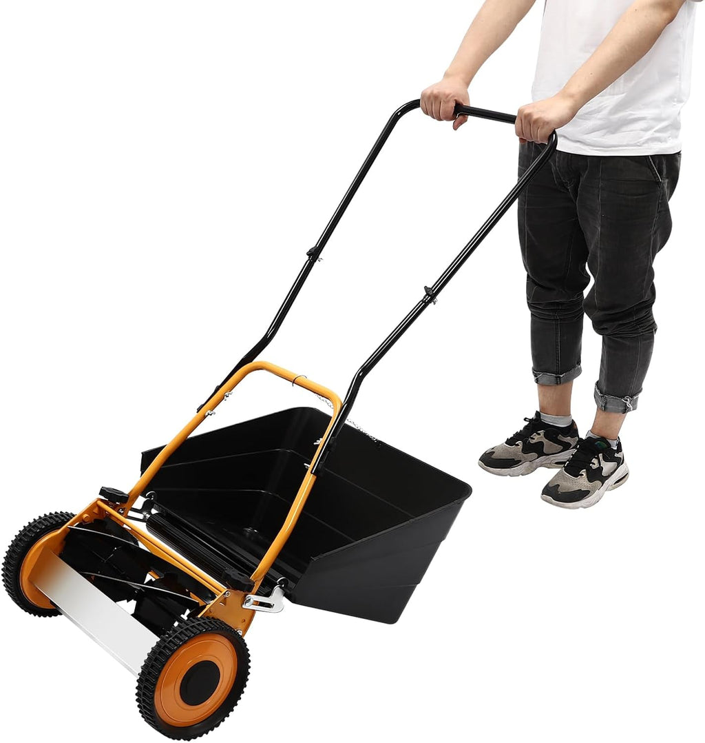 16-Inch Cutting Width Manual Push Reel Lawn Mower with Collection Bag, Four 5-Edged Blades Wheeled Lawn Mower Hand Push Lawn Mower Push Lawn Sweeper Grass Catcher Manual Lawn Dethatcher (16 Inch)