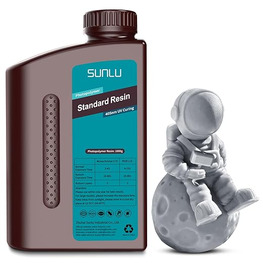 SUNLU 3D Printer Resin, 1kg Fast Curing Standard 3D Resin for LCD DLP SLA Resin 3D Printers, 395-405nm UV Light Curing 3D Printing Liquid Photopolymer Resin, Low Shrinkage, High Precision, 1000g, Grey