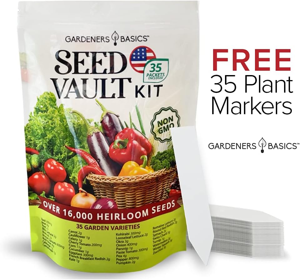 Gardeners Basics Survival Vegetable Seeds Garden Kit Over 16,000 Seeds Non-GMO and Heirloom, Great for Emergency Bugout Survival Gear 35 Varieties Seeds for Planting Vegetables 35 Free Plant Markers