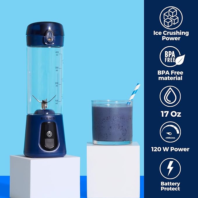 BLENDi Pro+ Portable Blender (17.5oz, Navy Blue) – Powerful 120W Motor, USB-C Rechargeable, Cordless Personal Blender Smoothies & Shakes – BPA-Free, Self-Cleaning, Travel-Friendly