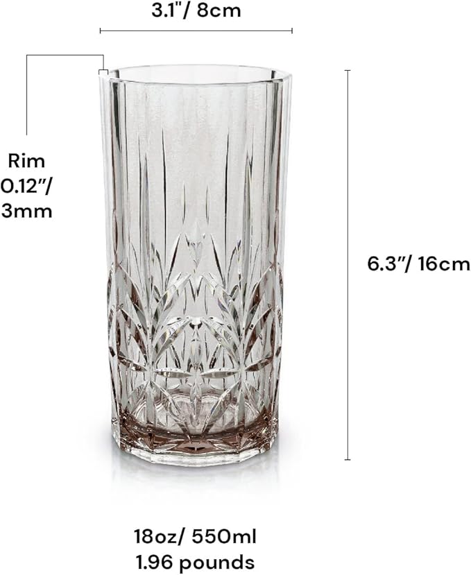 BELLAFORTE Shatterproof Tritan Tall Tumbler, Set of 4, 18oz - Myrtle Beach Drinking Glasses - Unbreakable Plastic Drinking Glasses for Gifting, Parties, New Year - BPA Free - Dishwasher Safe - Gray