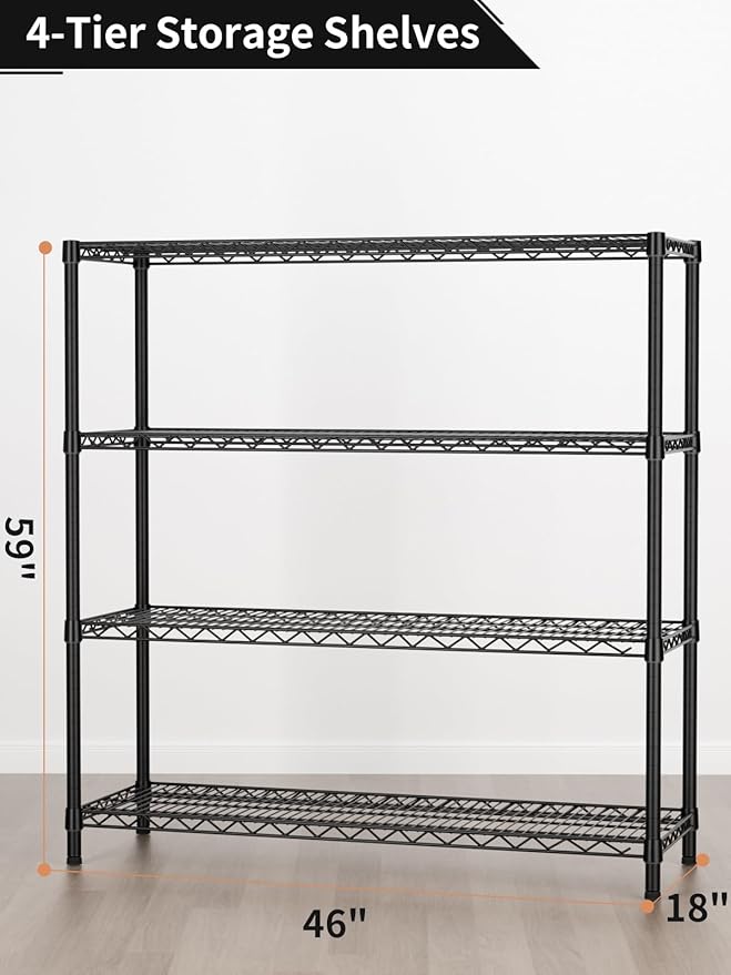 4 Tier Adjustable Storage Shelves,Heavy Duty Metal Utility Shelf 1400LBS Capacity Wire Shelving Unit Organizer Rack for Kitchen Office Pantry Room 18" D x 46" W x 59" H Black