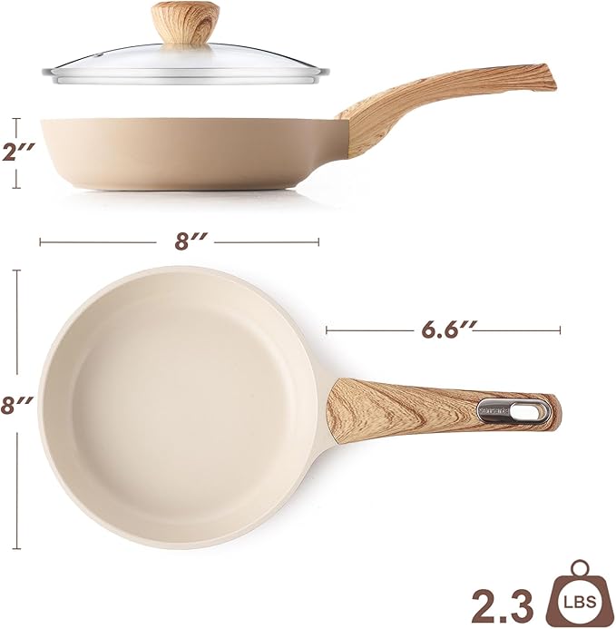 SENSARTE Ceramic Nonstick Frying Pan Skillet with Lid 8inch Non Stick Pan Omelet Pans, Non-toxic Healthy Kitchen Cooking Chef's Pan, Free of Intentionally Added PFAS/PTFE, Induction Compatible, Taupe