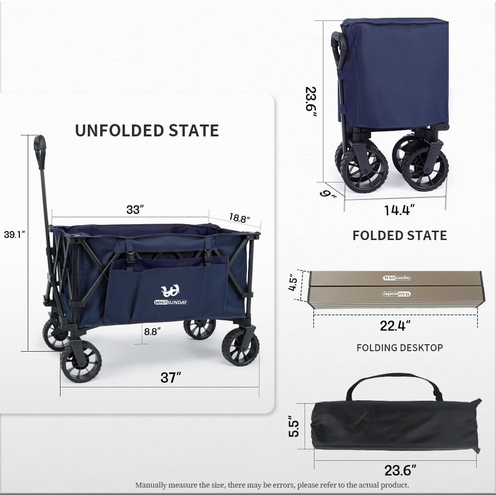 Whitsunday Folding Collapsible Utility Wagon, 400Lbs Heavy Duty Outdoor Park Beach Wagon with Table and Side Pocket for Garden Camping Sports Shopping Dark Blue