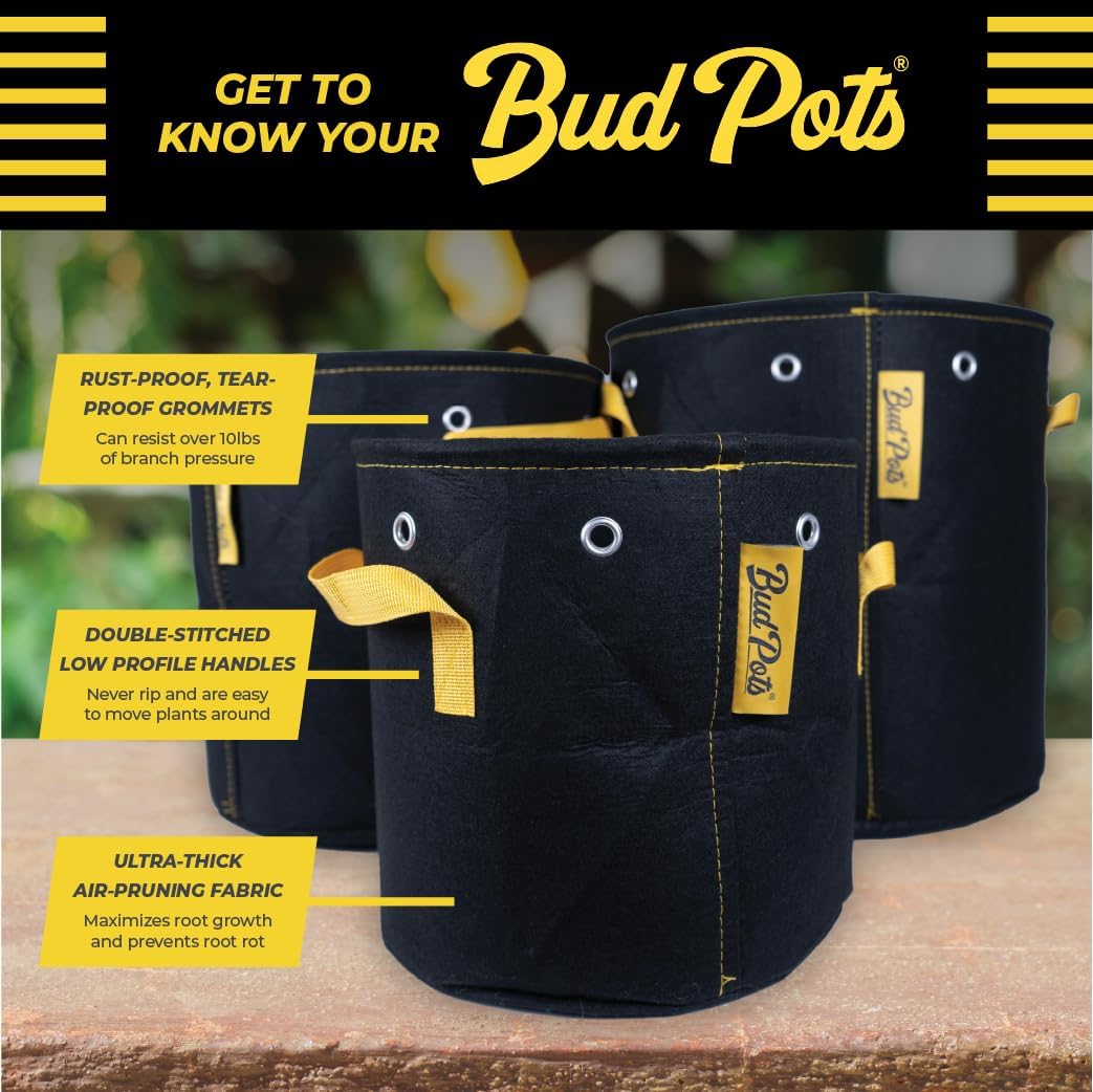 BudPots for Optimal Plant Growth | 25 Gallon Fabric Pots (94.5L) | 4-Pack | Metal Reinforced Rim - Sturdy & Never Collapses | Promotes Dense & Healthy Roots | Low Stress Training | Reusabe
