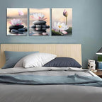 Arjun Flower Pink Lotus Wall Art Canvas Zen Stones Black Painting White Flower Pond Floral Bloosm Framed for Bathroom Spa Salon Living Room Bedroom Kitchen Home Office Wall Decor, 12"x16"x3 Panels