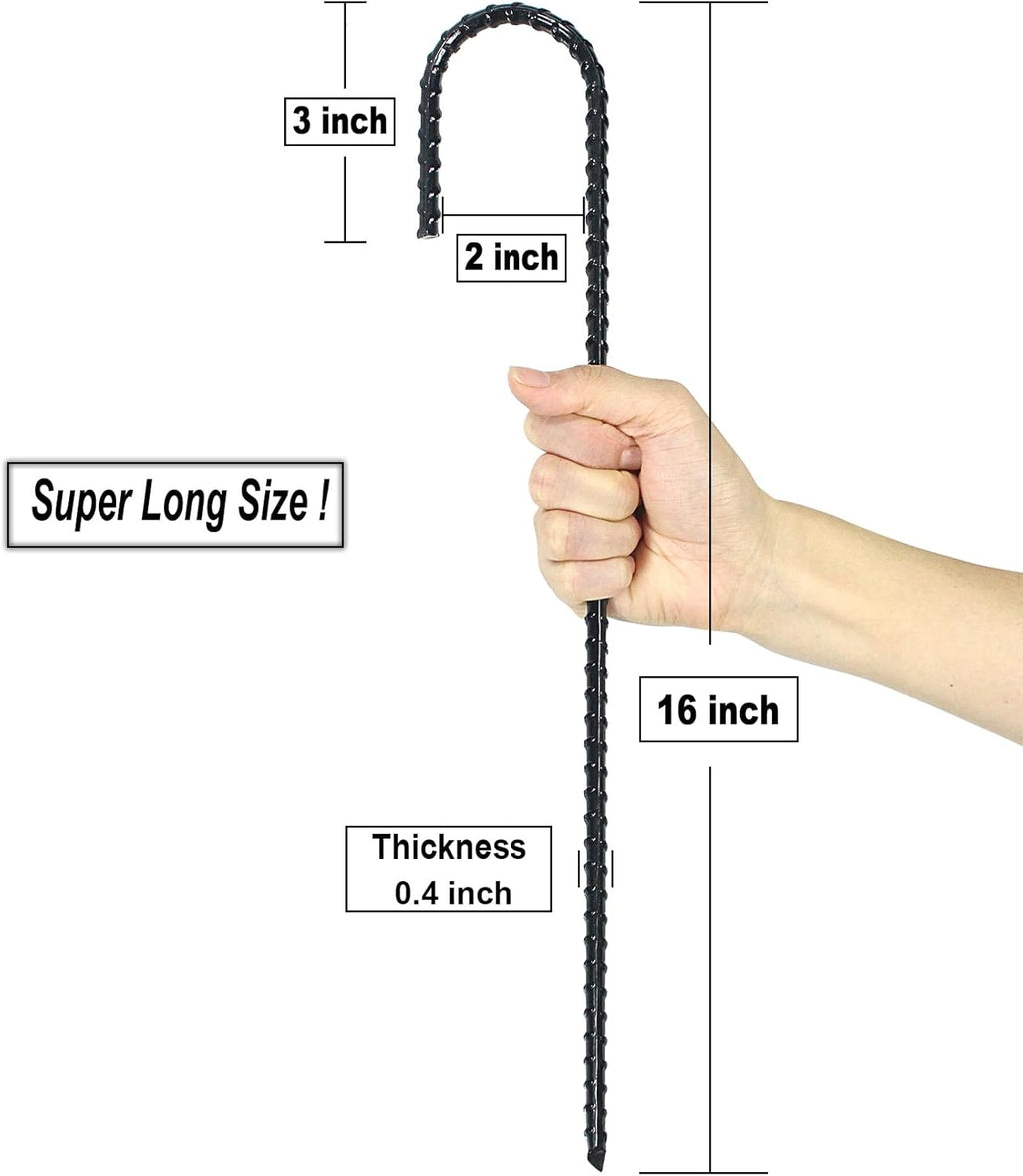 16 Inch Ground Rebar Stakes, J Hook Extra Heavy Duty Rust Proof Coated Steel Ground Anchors with Chisel Point End for Camping Tent and Canopy Tent (8)