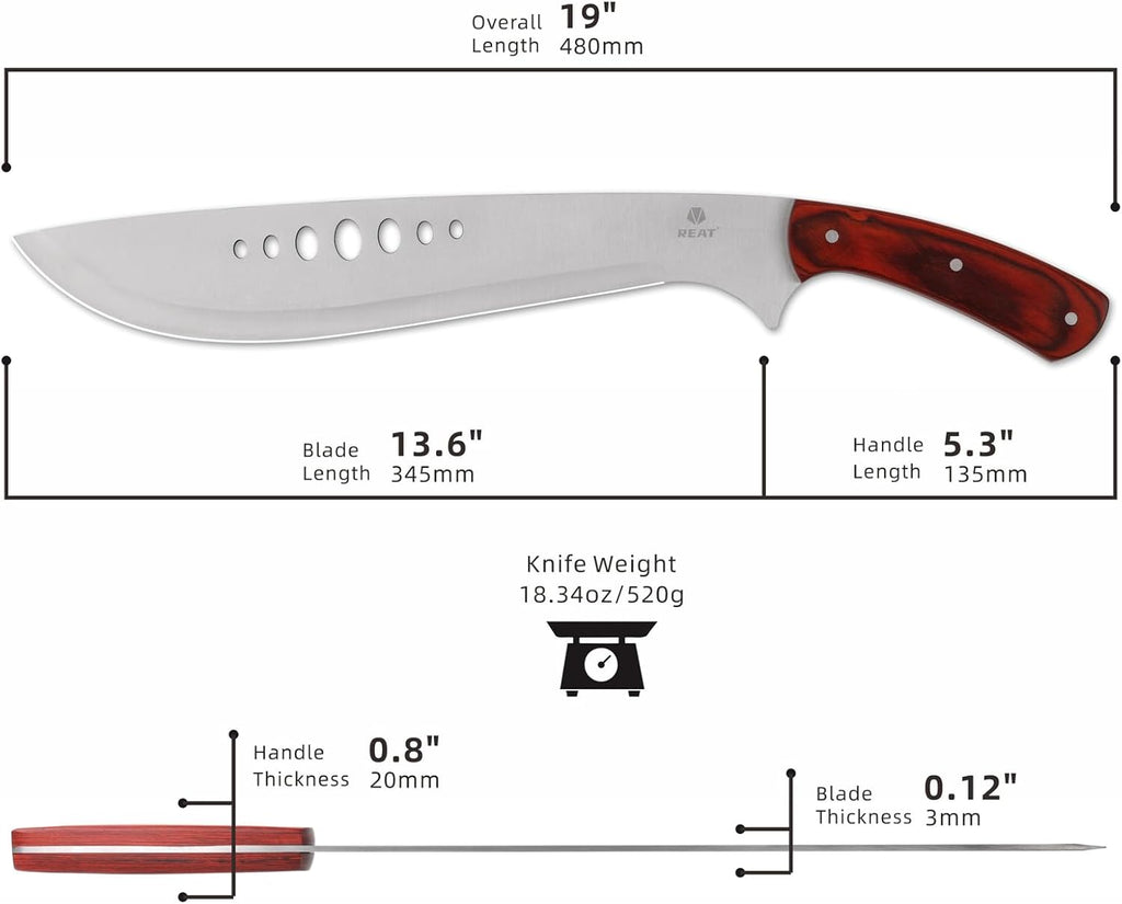 REAT Machete Heavy Duty with Leather Sheath,19-inch Full Tang 420 Stainless Steel Blade with Wood Handle,Machetes for Yard Work, Cutting Trees,Camping,Hunting