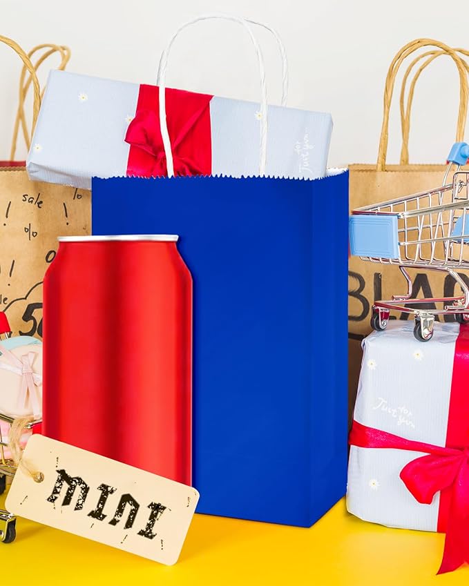 qiqee 50-Packs Diamond Blue Paper Gift Bags with Handles Bulk 4.5"x2.5"x6" Mini Size Party Favor Bags Multiple Uses