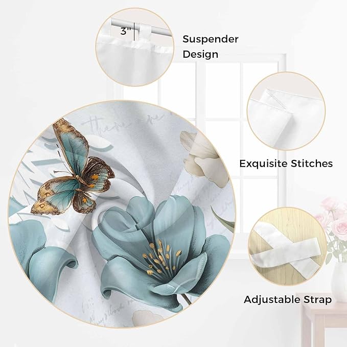 Blue Tulips Kitchen Curtains 45 Inch Length, Short Cafe Window Curtains Tab Top, Watercolor Flowers Butterfly Spring Farmhouse Blue Light Filtering Window Treatments Tier Drapes 27.5"x45" 2 Panel