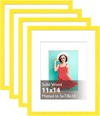 KINLINK 11x14 Picture Frame Yellow, Solid Wood Frames with Acrylic Plexiglass for Pictures 5x7/8x10 with Mat or 11x14 without Mat, Tabletop and Wall Display Photo Frame, Set of 4